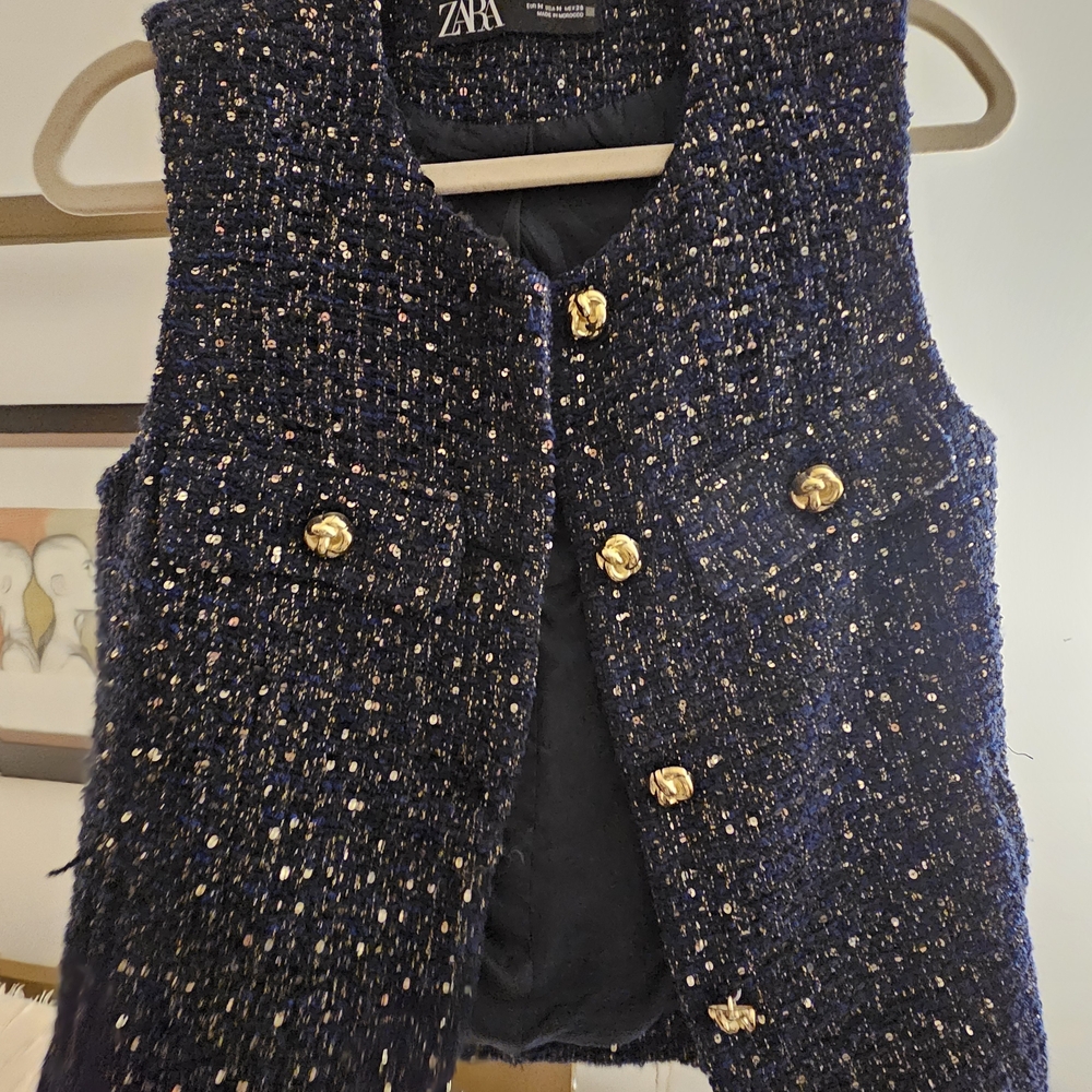 ✨ ZARA Blue & Gold Tweed Sleeveless Vest Top – Size Medium ✨ - Picture 3 of 6